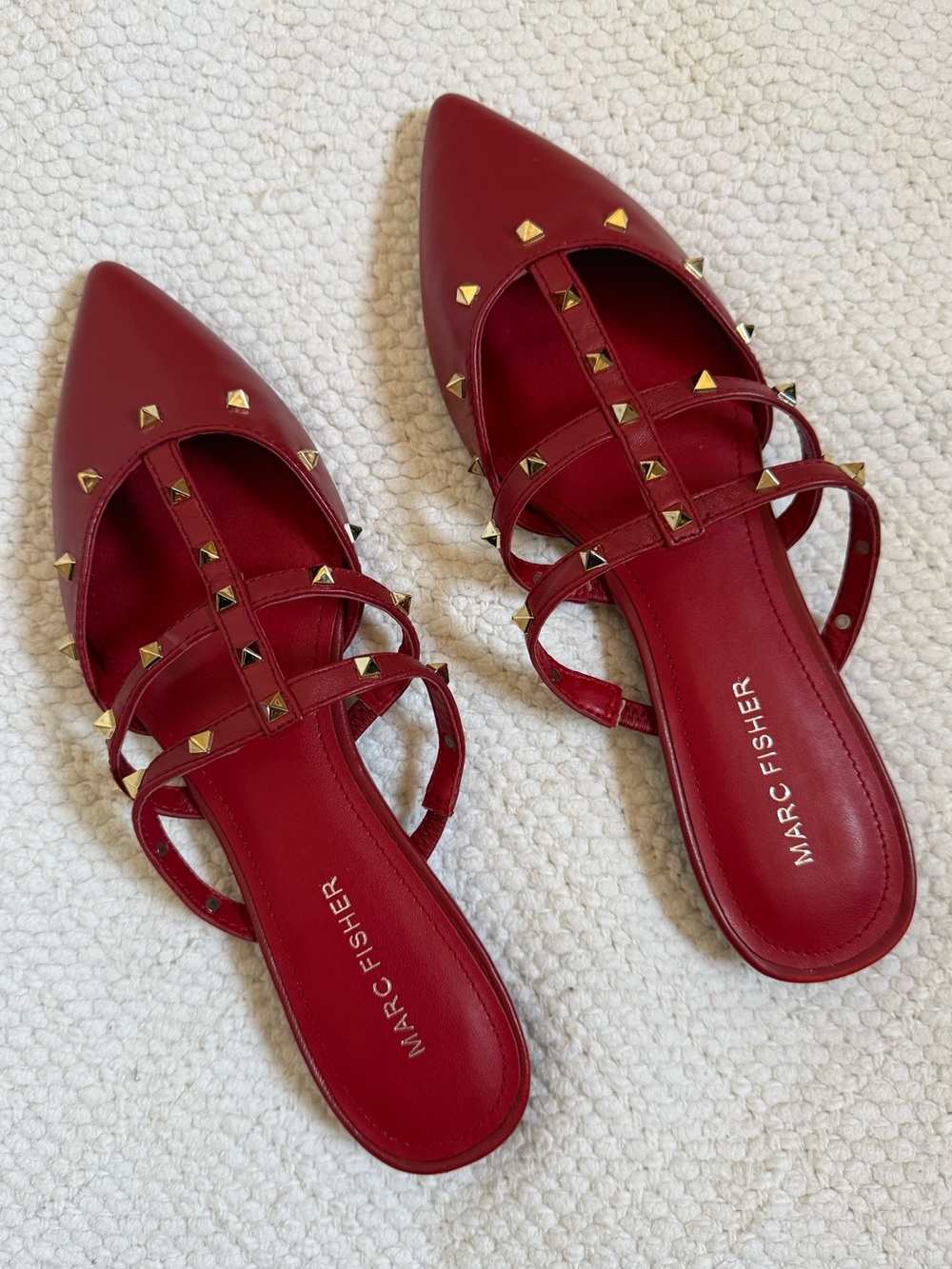 MARC FISHER Leather Red Studded Pointed-Toe Flat Slides